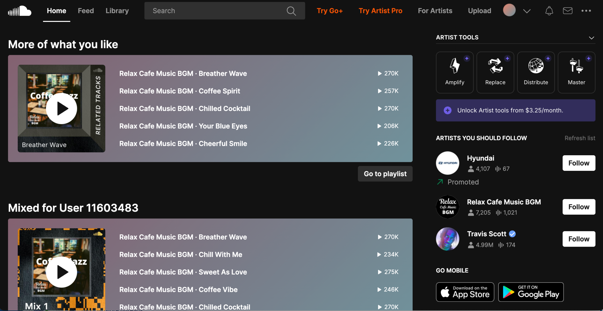 Front page of SoundCloud, with boxes showing different types of music under 